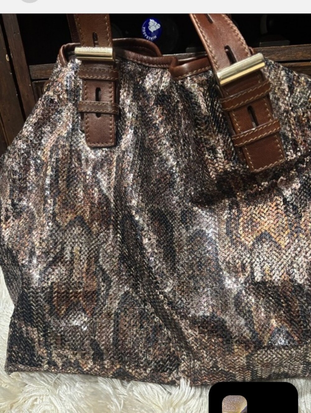 Jimmy Choo Sequined Python Snake Pattern Leather "Bea" Tote - Picture 10 of 11